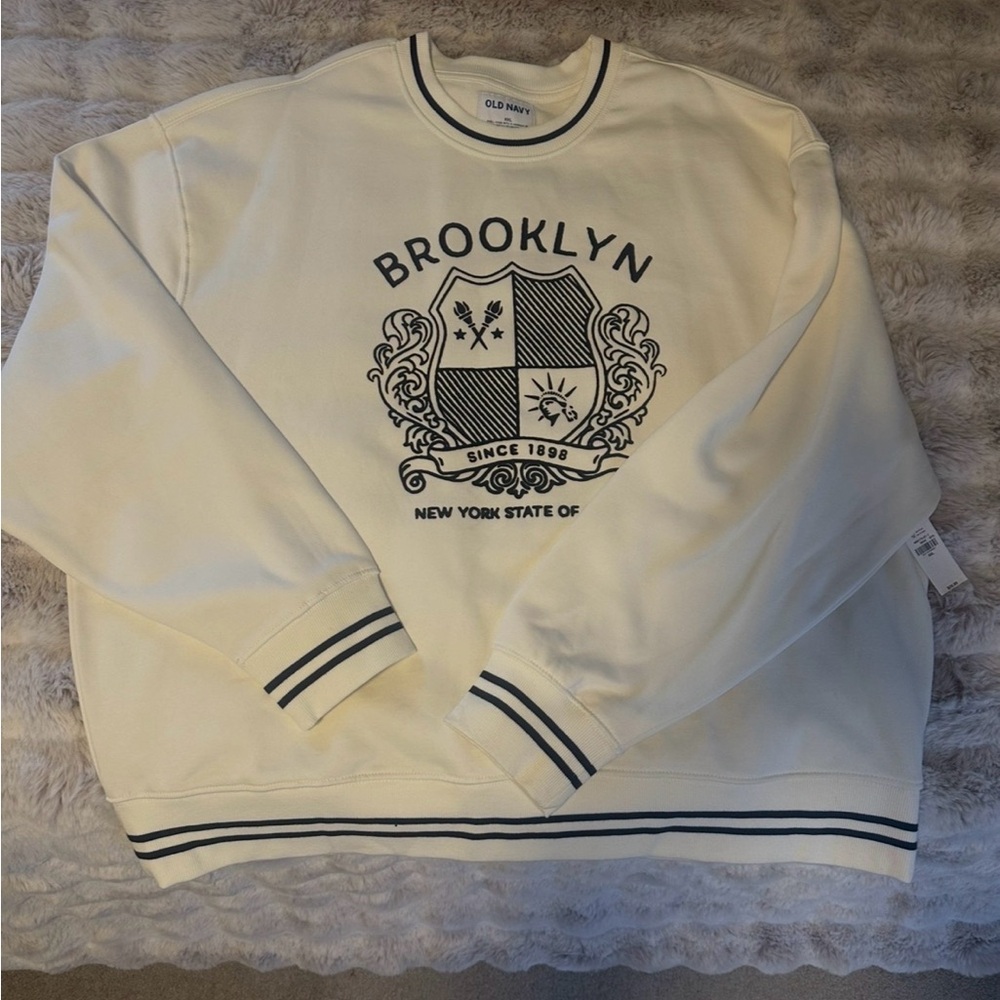 Old Navy Cream Crewneck Sweater with Brooklyn Design